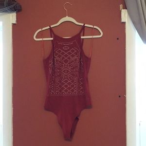 Suede Sleeveless Open Back Bodysuit Gold Detailing